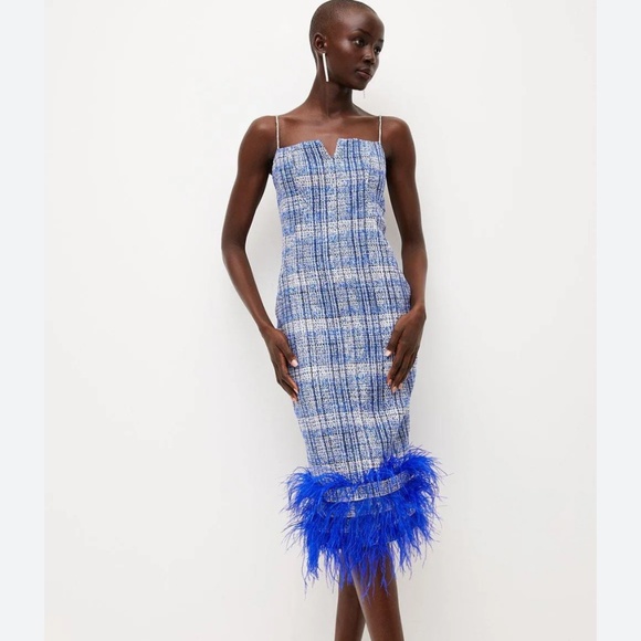 Karen Millen Tweed Chain Strap Feather Hem Midi Dress - Picture 1 of 4